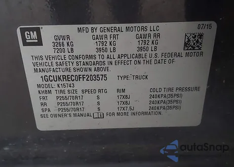 2015 Chevrolet Silverado 1500 1Lt from USA, damaged, VIN 1GCUKREC0FF203575